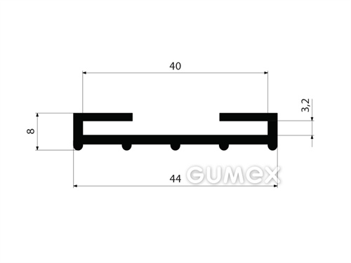 Gumový profil tvaru "C", 44x8mm, na hrúbku plechu 3,2mm, na šírku plechu 40mm, 70°ShA, EPDM, -40°C/+100°C, čierny